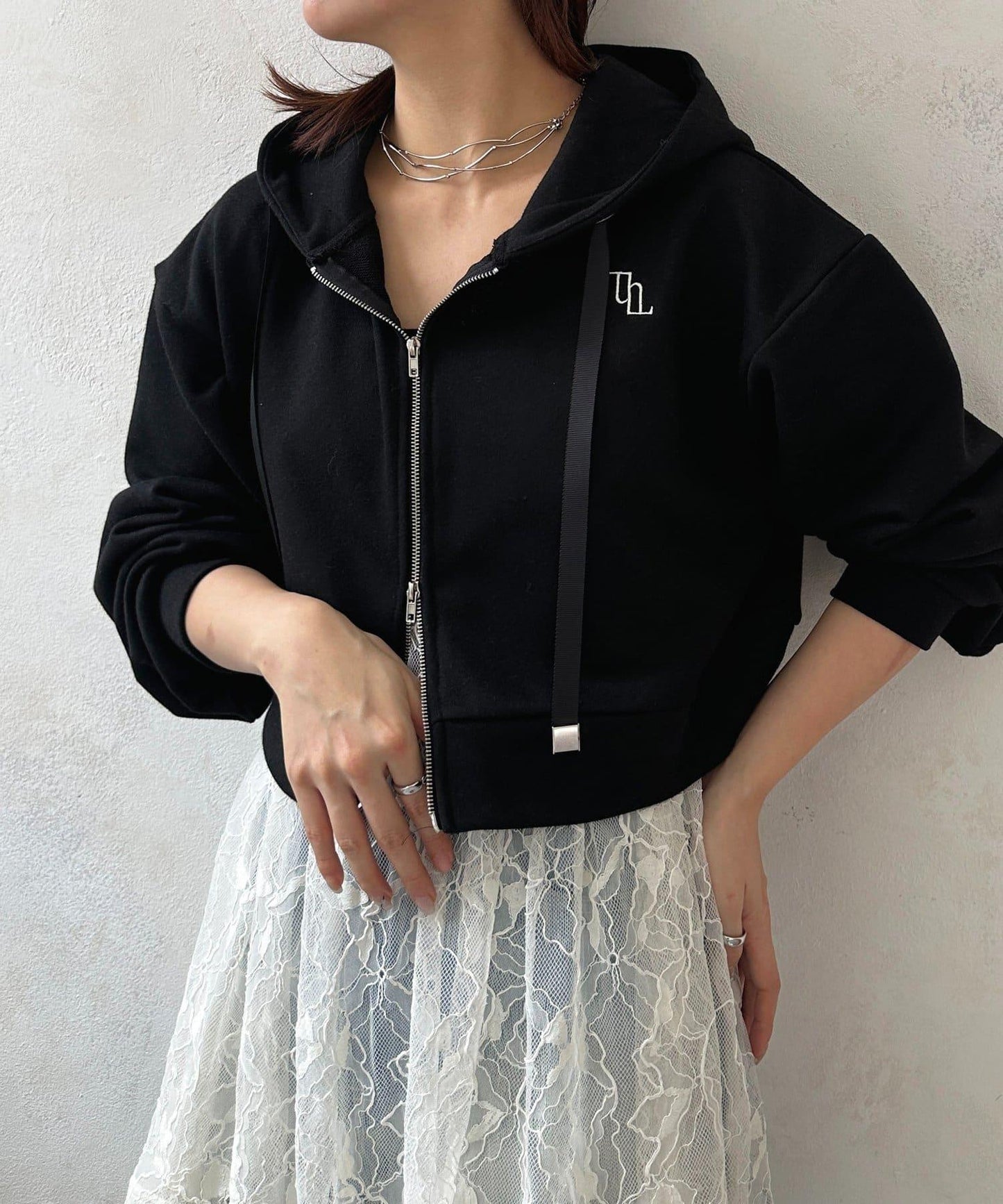 雙拉鍊毛圈短款連帽衛衣