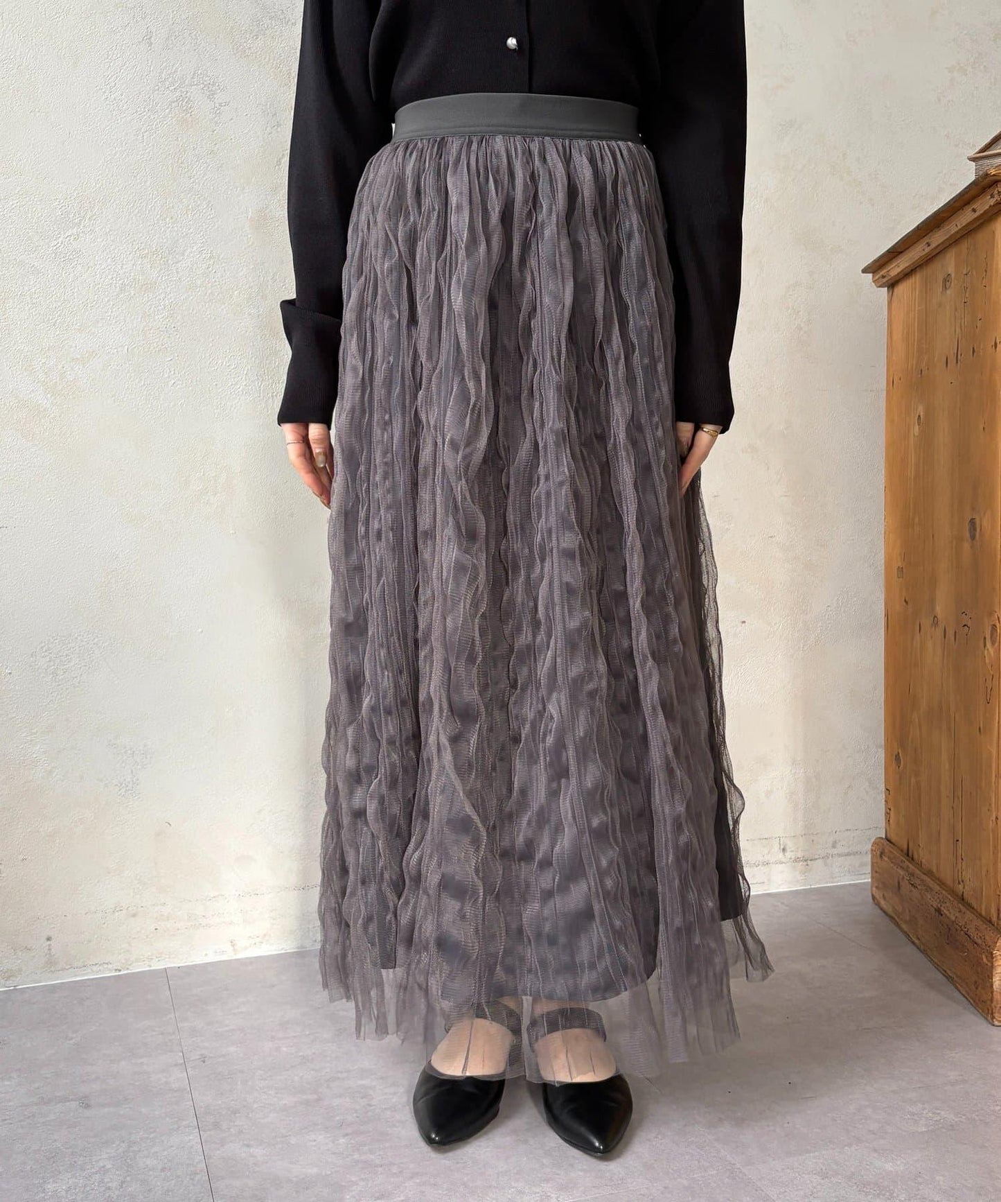 波浪皺感透紗半身裙