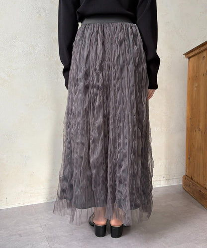 波浪皺感透紗半身裙