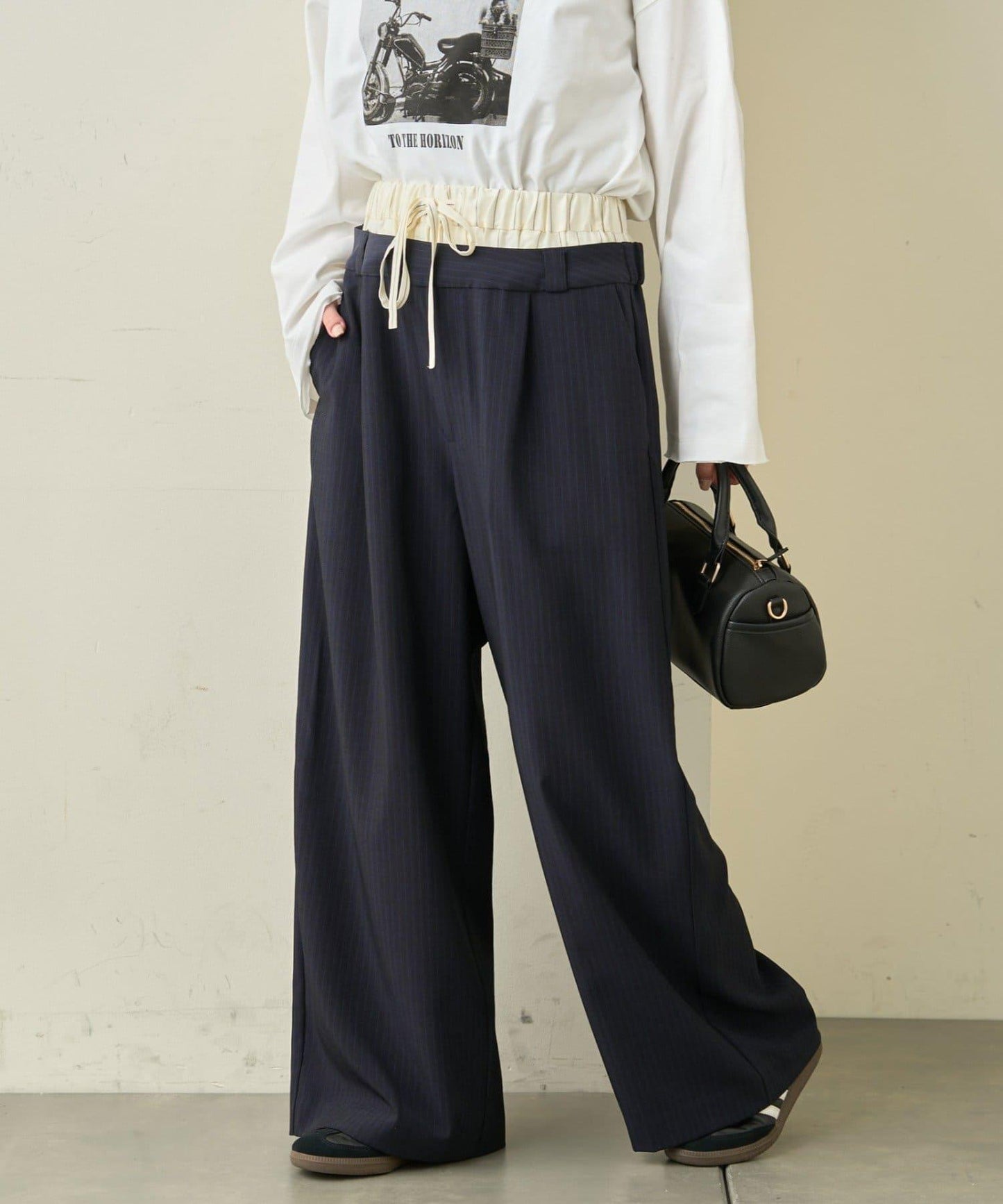 雙腰設計 闊腿 休閒西裝褲