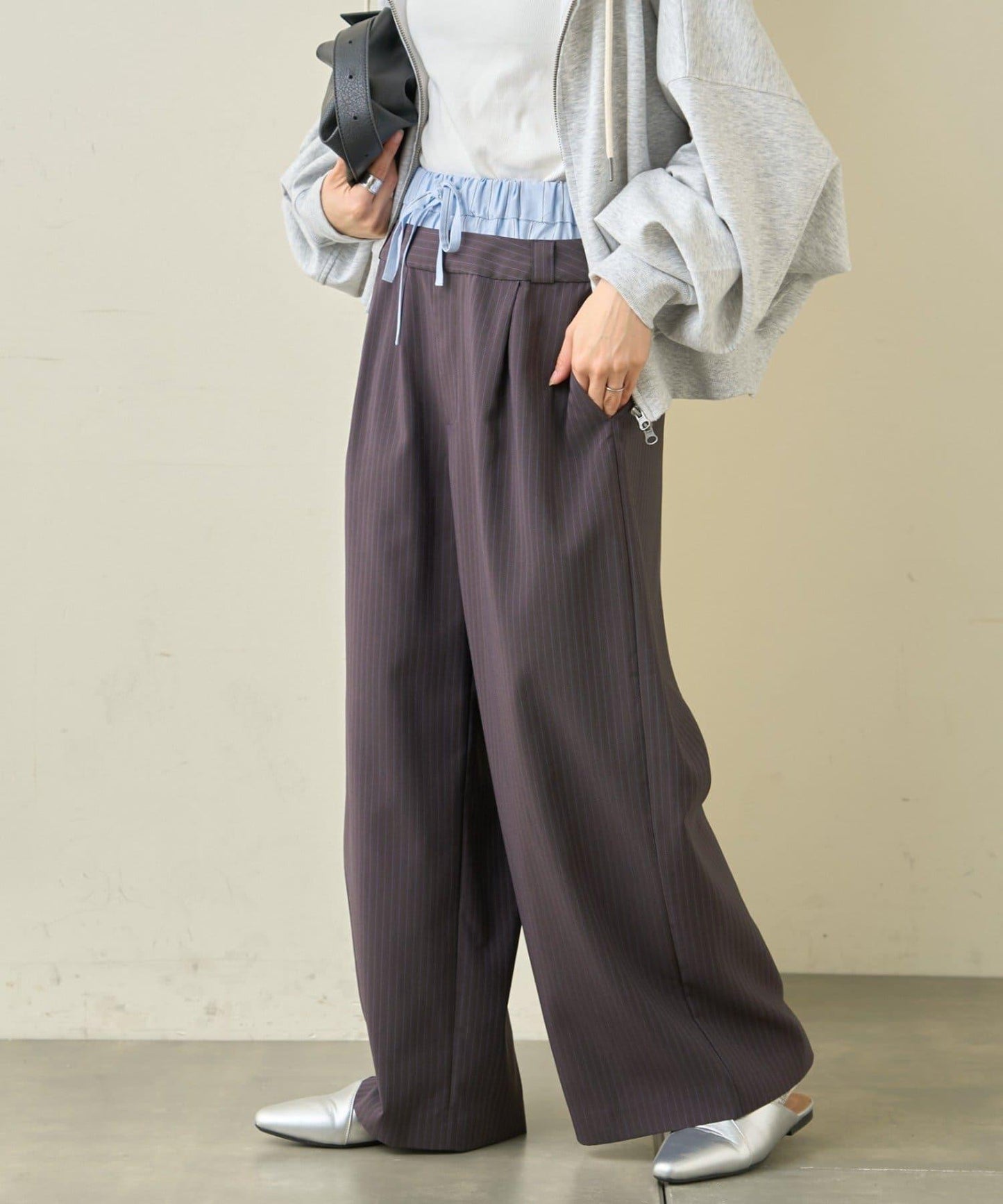 雙腰設計 闊腿 休閒西裝褲