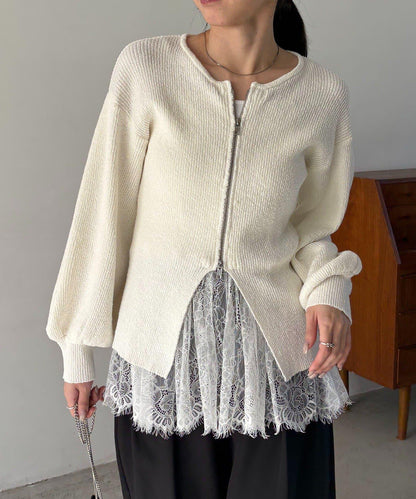 斯拉布拉鏈泡泡袖針織開衫