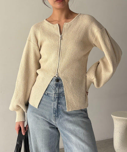 斯拉布拉鏈泡泡袖針織開衫