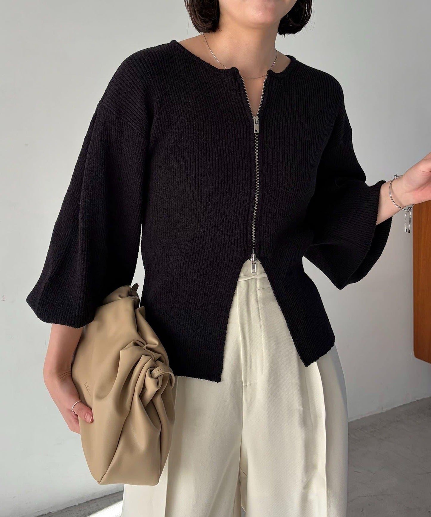 CAPRICIEUX LE'MAGE 粗紗拉鍊蓬鬆針織開衫