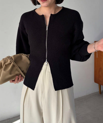 斯拉布拉鏈泡泡袖針織開衫