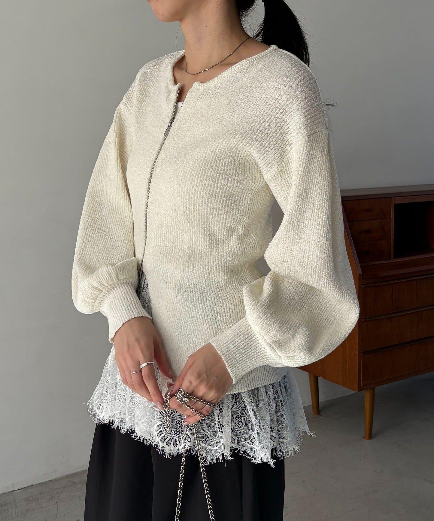 CAPRICIEUX LE'MAGE 粗紗拉鍊蓬鬆針織開衫