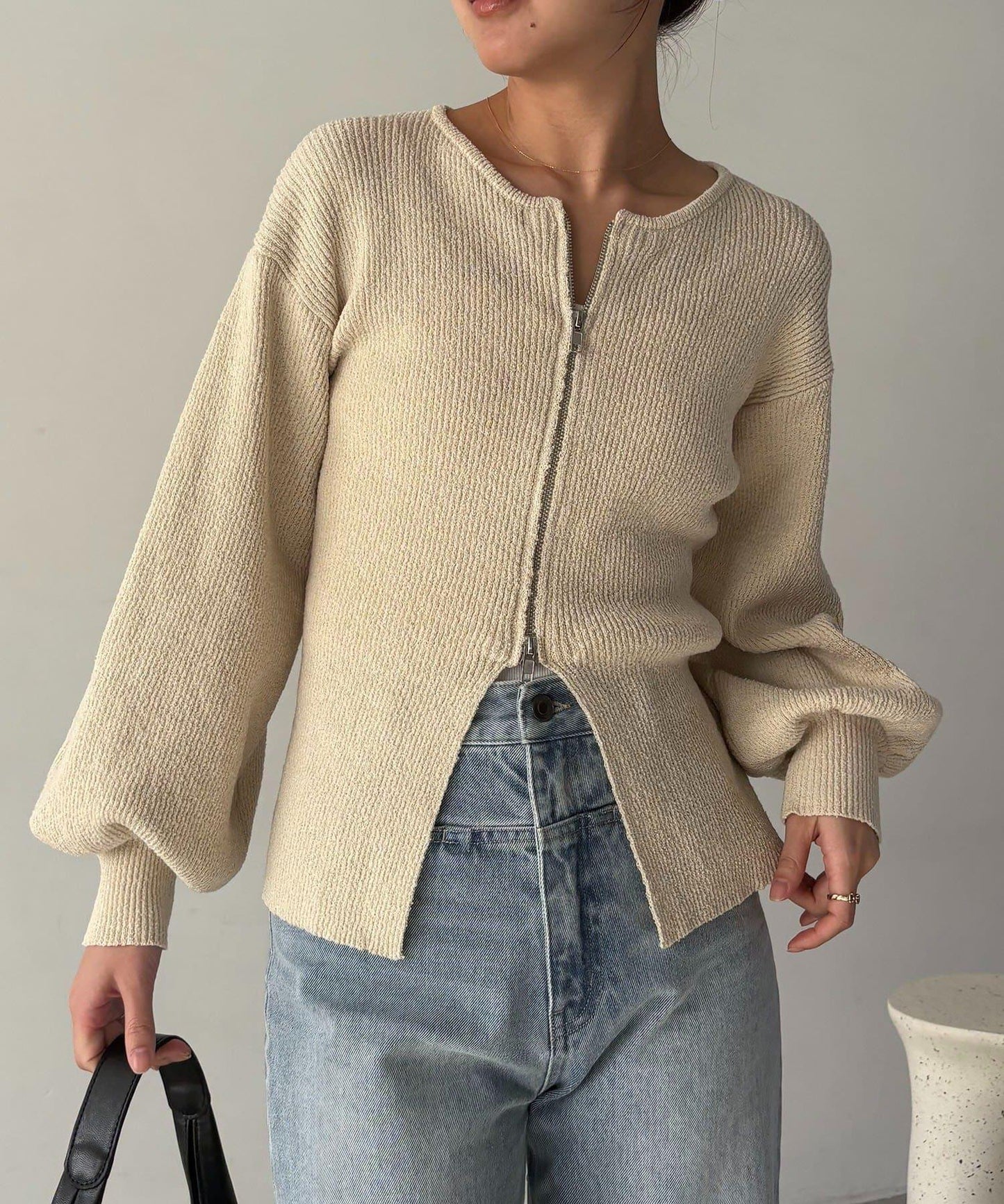 CAPRICIEUX LE'MAGE 粗紗拉鍊蓬鬆針織開衫