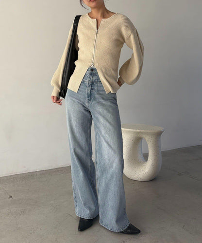 斯拉布拉鏈泡泡袖針織開衫