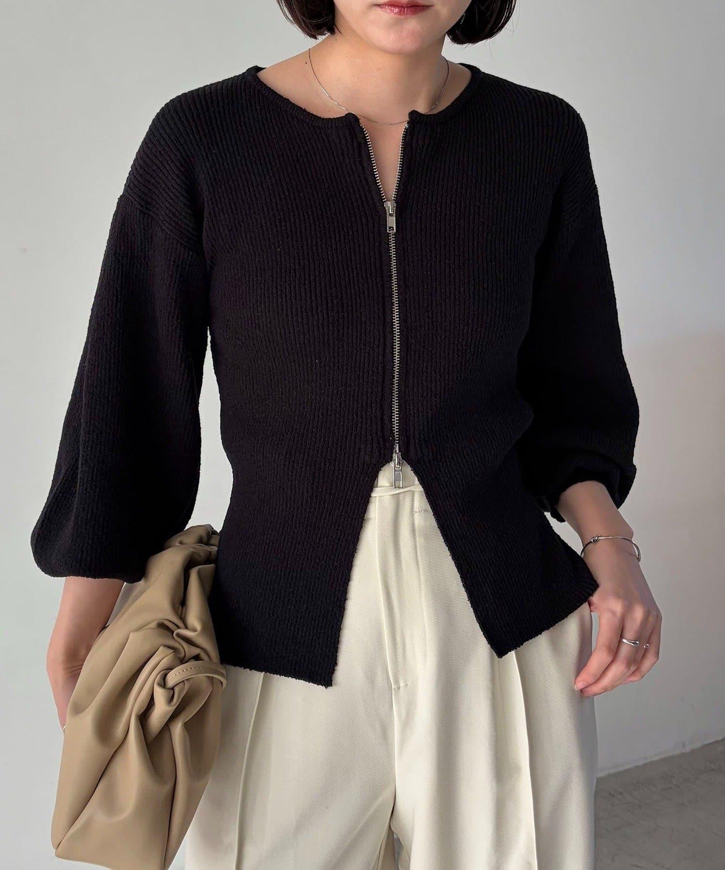 斯拉布拉鏈泡泡袖針織開衫