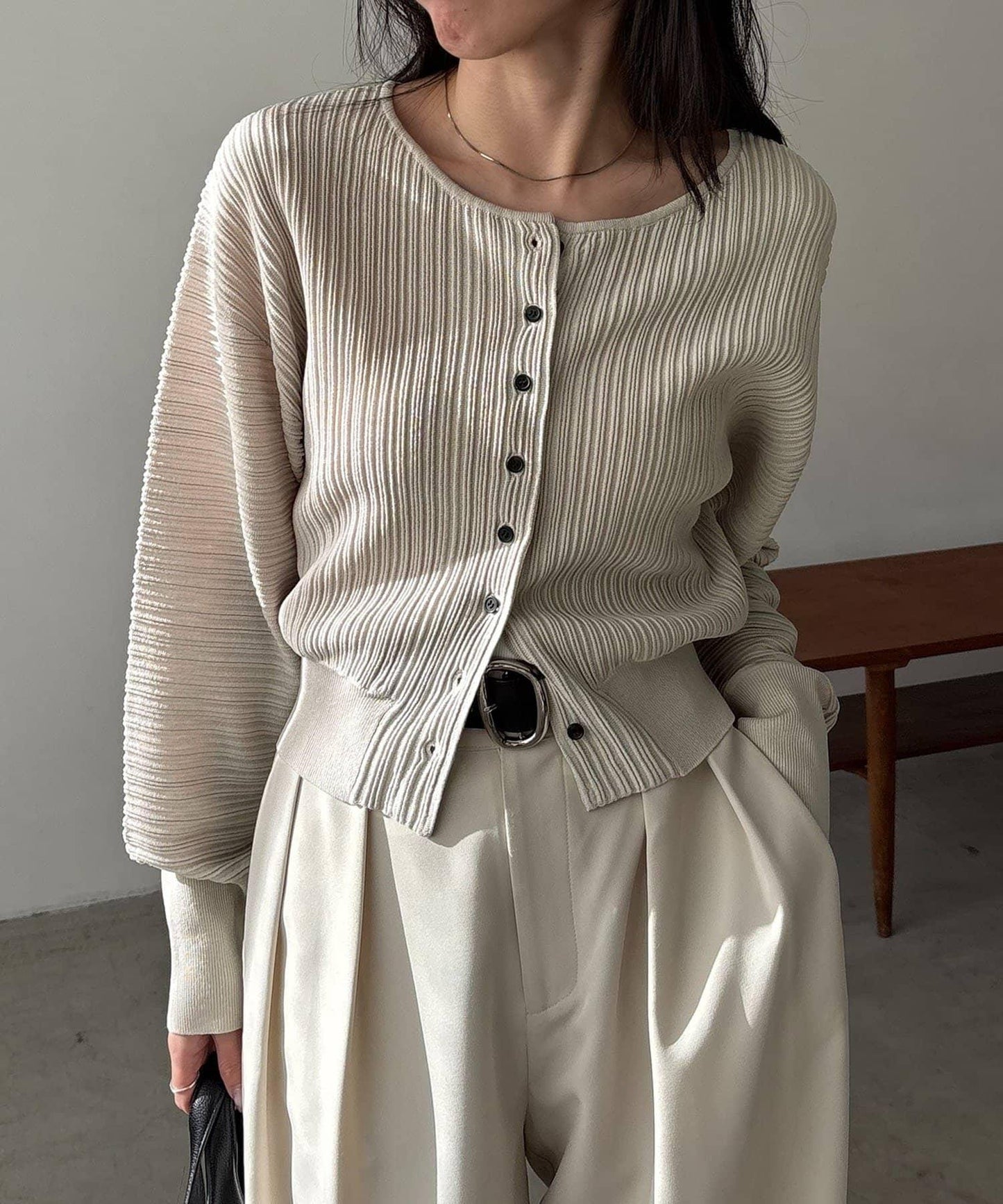 褶襉泡袖 針織開衫