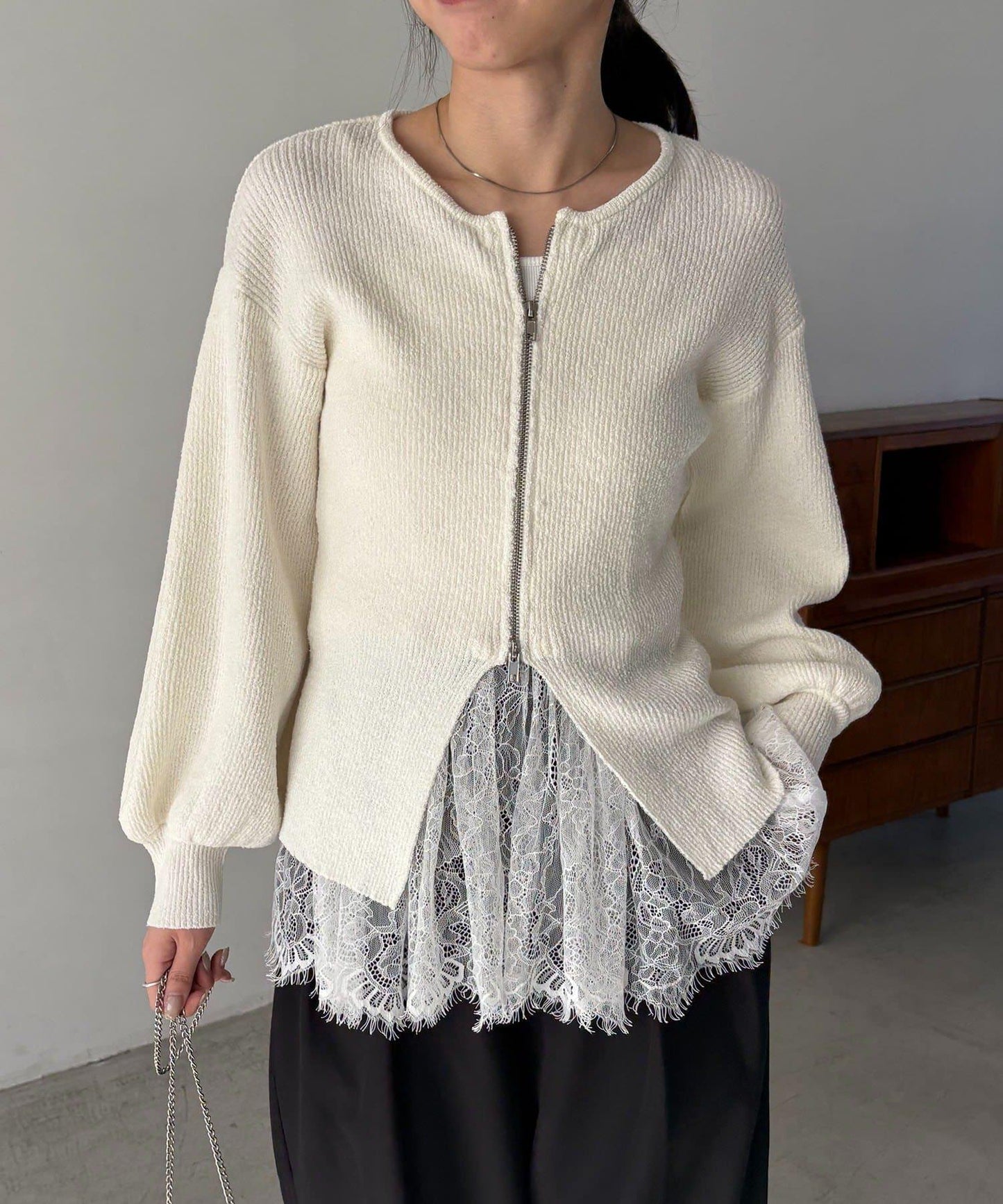 斯拉布拉鏈泡泡袖針織開衫