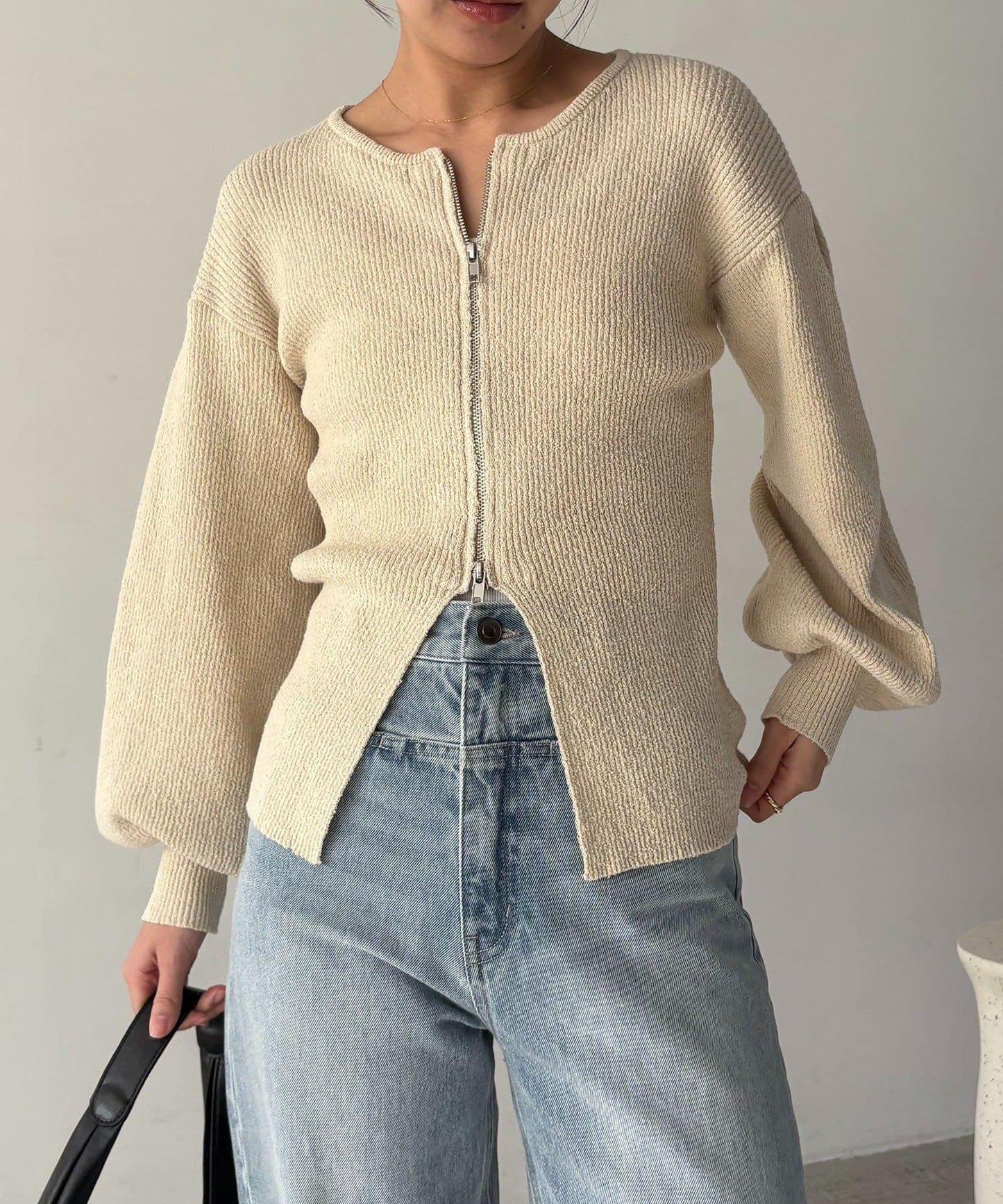 CAPRICIEUX LE'MAGE 粗紗拉鍊蓬鬆針織開衫