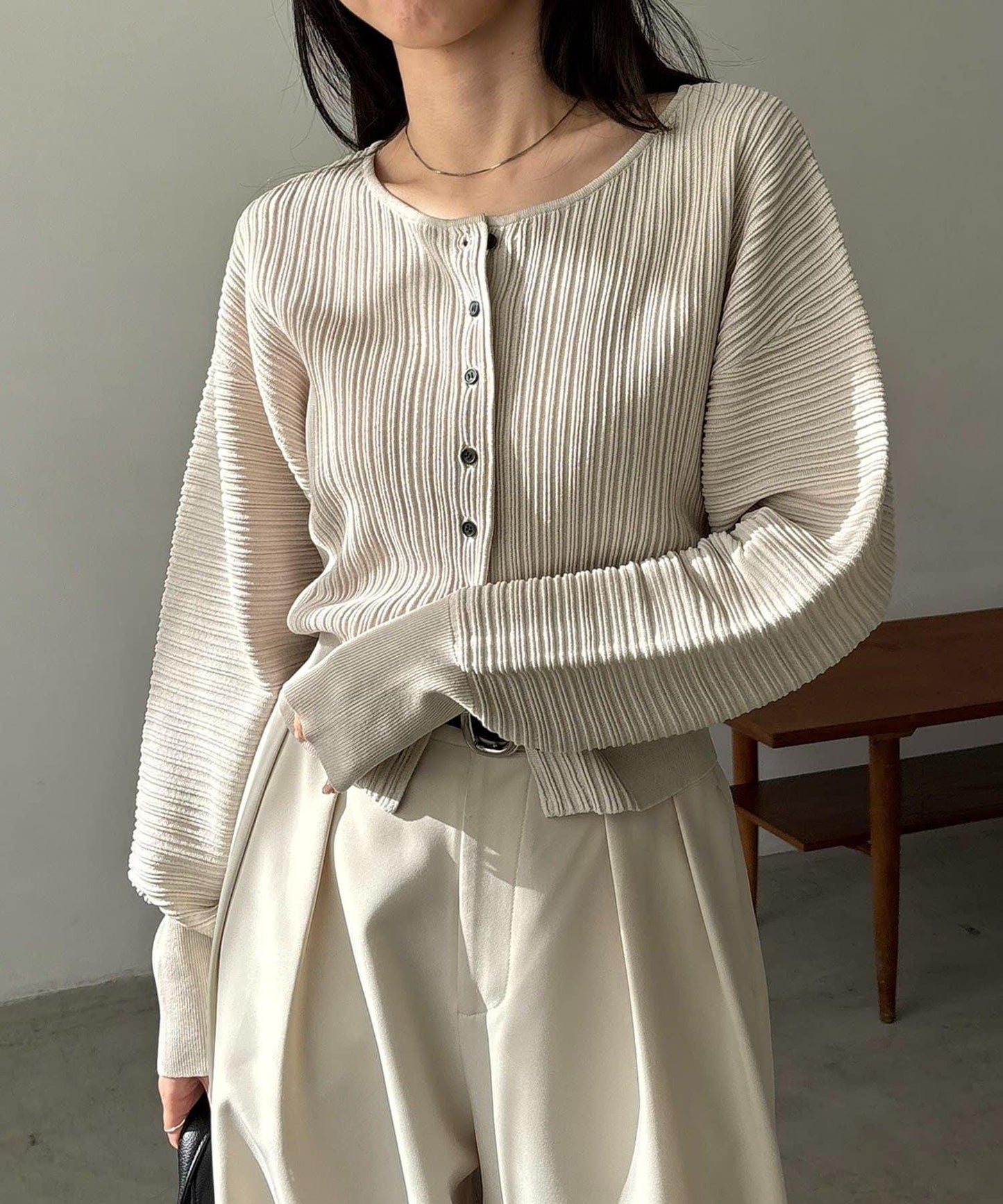 褶襉泡袖 針織開衫