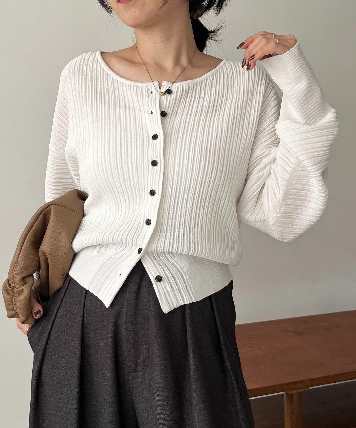 褶襉泡袖 針織開衫