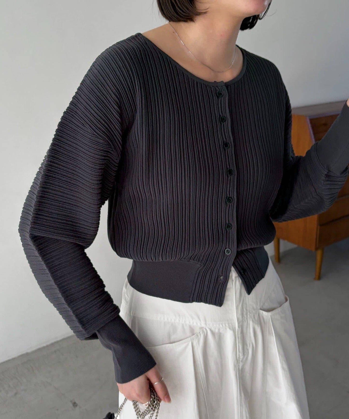 褶襉泡袖 針織開衫