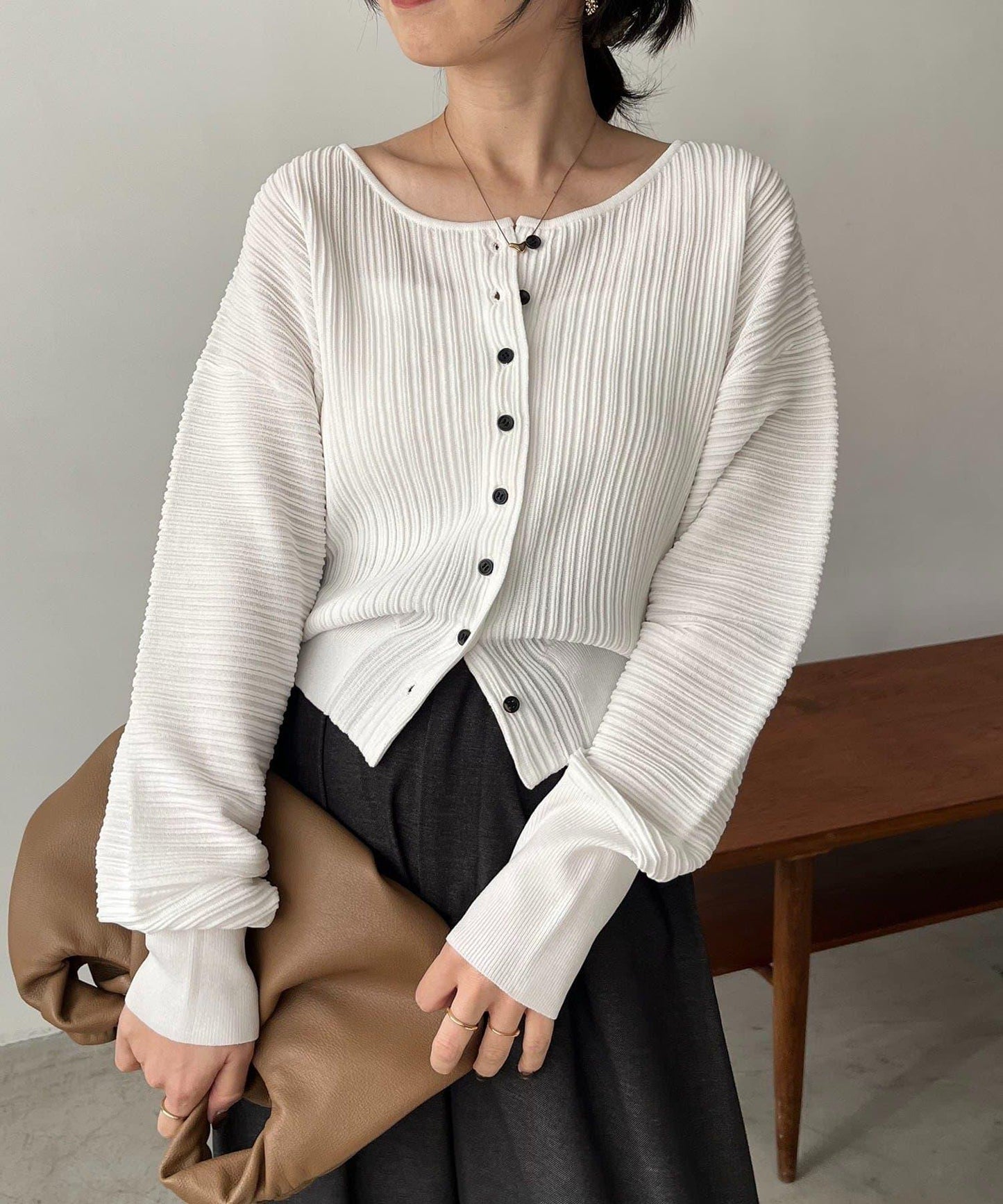 褶襉泡袖 針織開衫