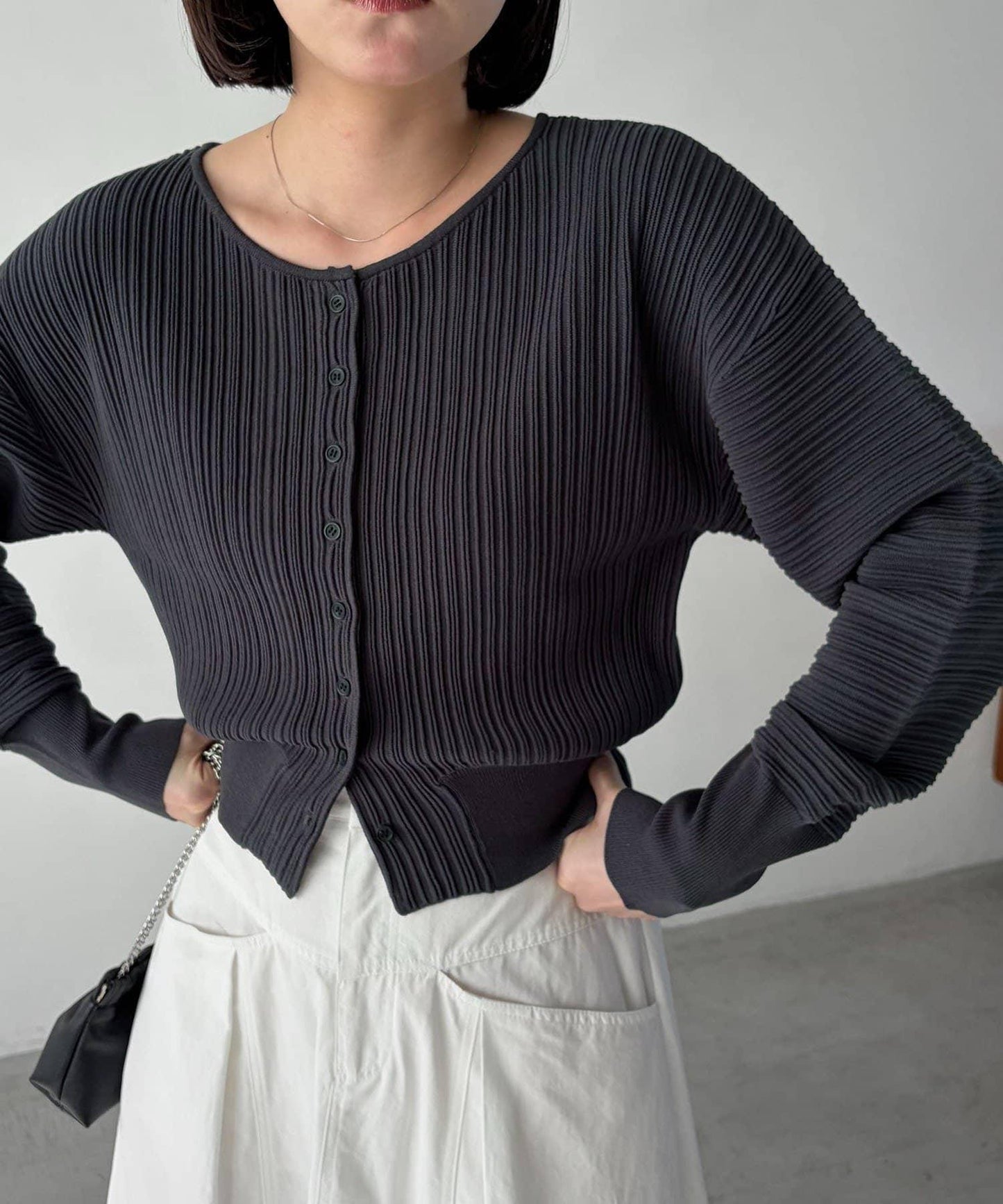 褶襉泡袖 針織開衫