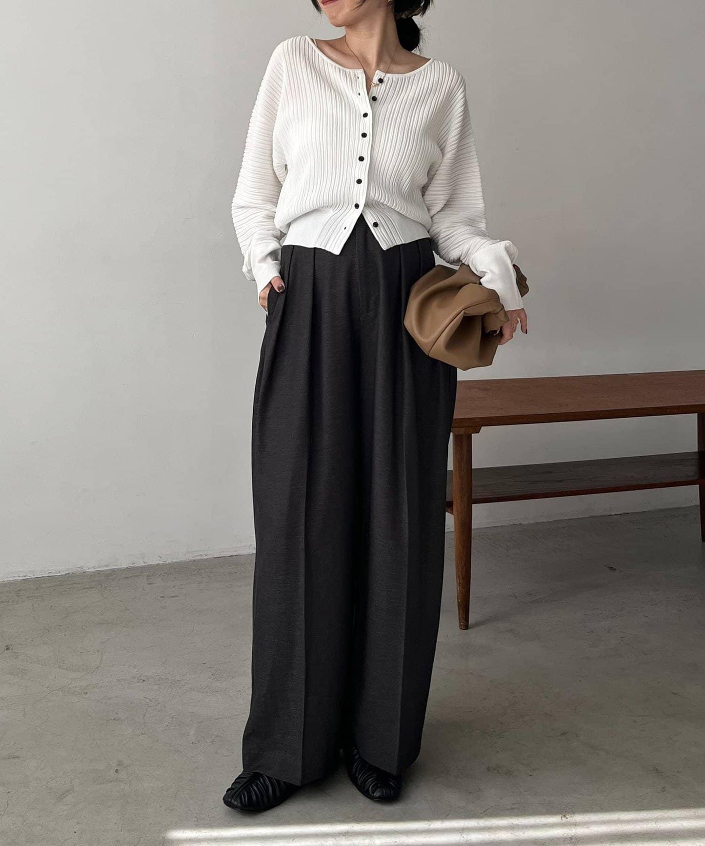 褶襉泡袖 針織開衫