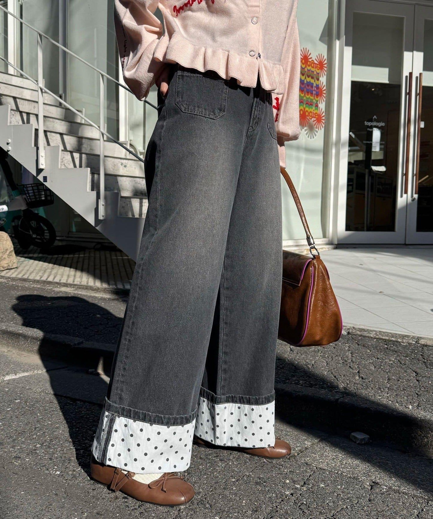 卷邊波點闊腿牛仔褲