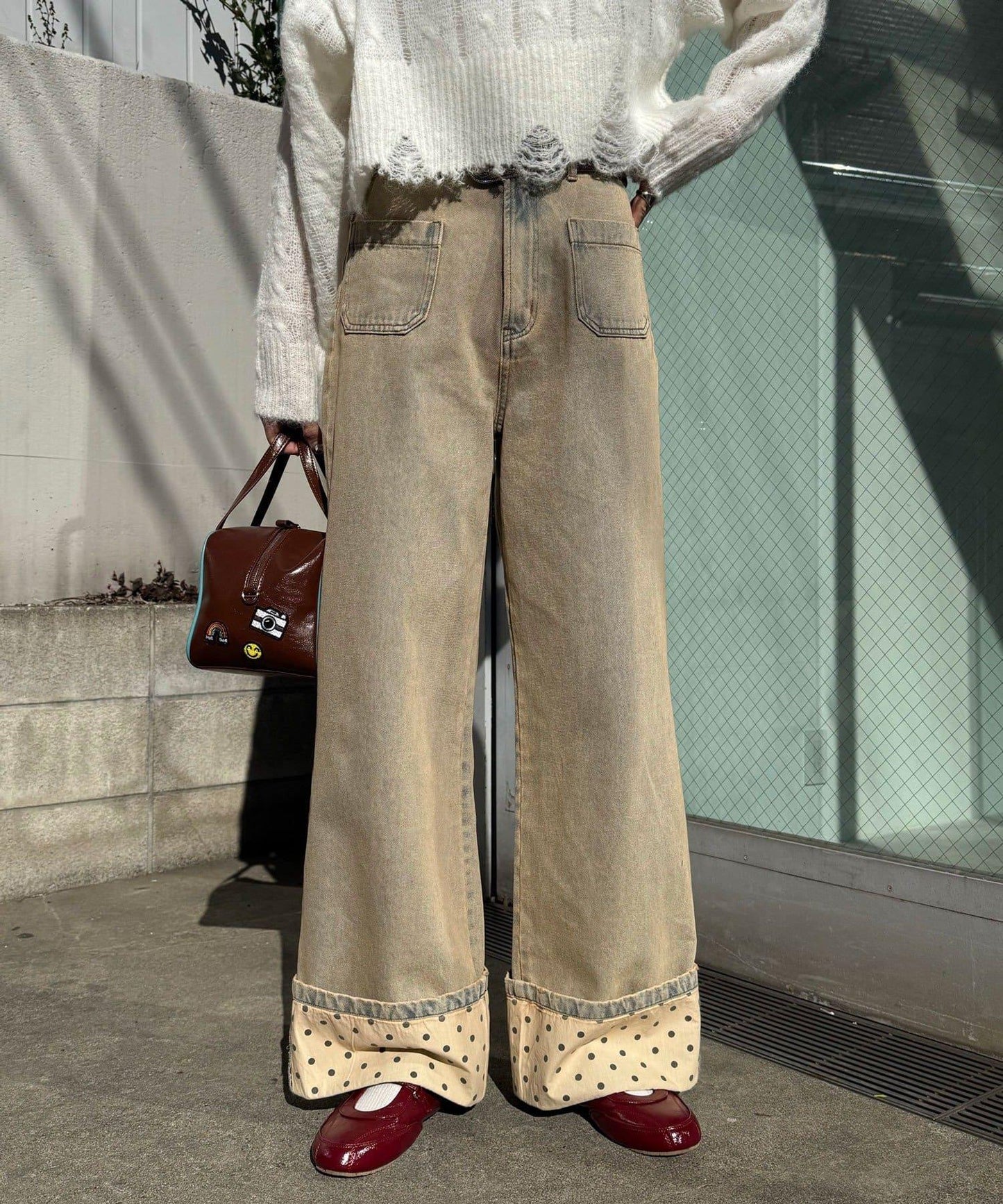 卷邊波點闊腿牛仔褲