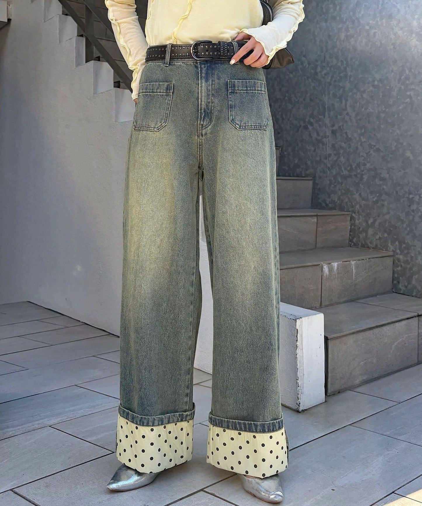 卷邊波點闊腿牛仔褲