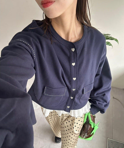 心形紐扣配色縫線 衛衣開衫