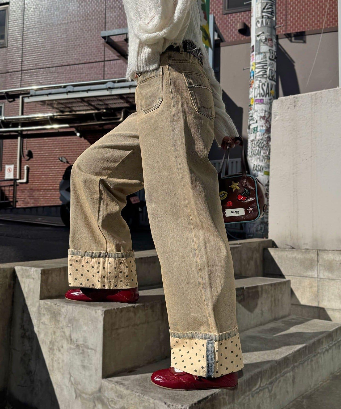 卷邊波點闊腿牛仔褲