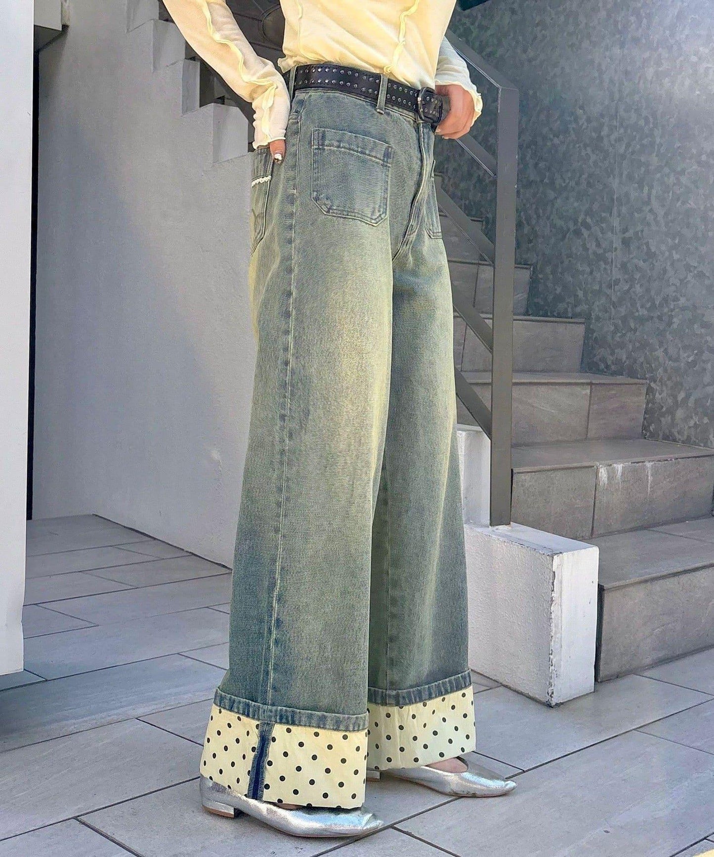 卷邊波點闊腿牛仔褲