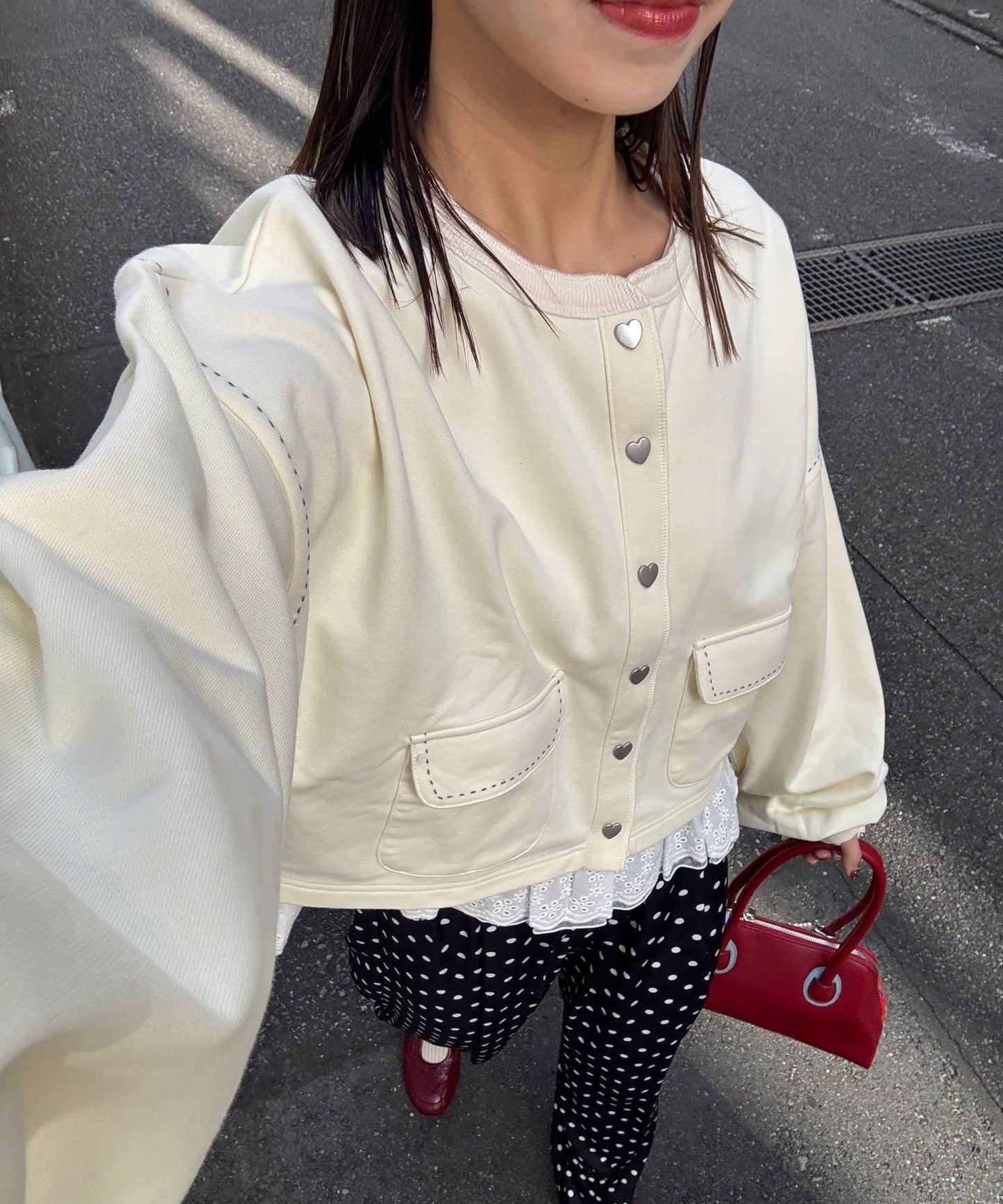 心形紐扣配色縫線 衛衣開衫