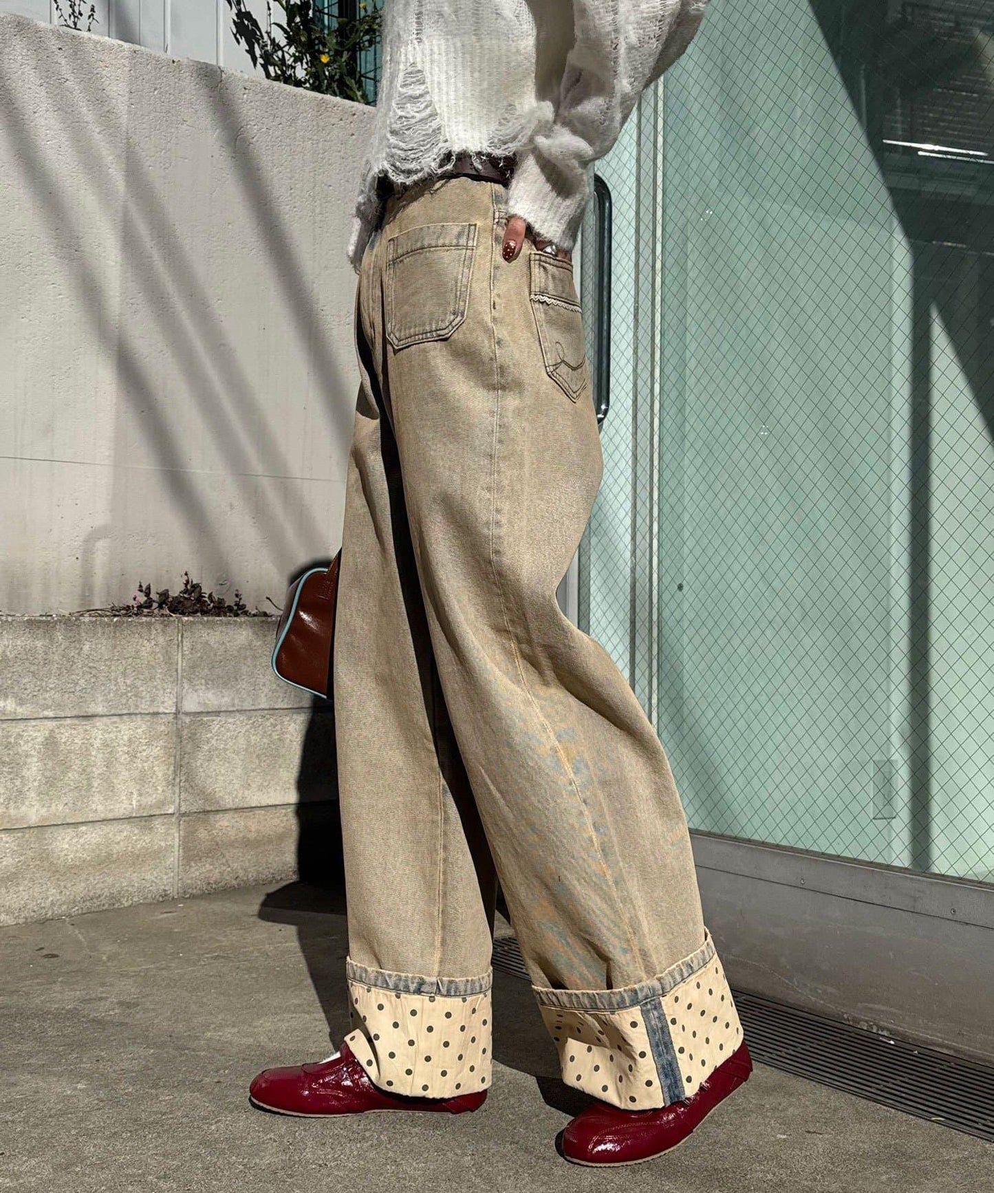 卷邊波點闊腿牛仔褲