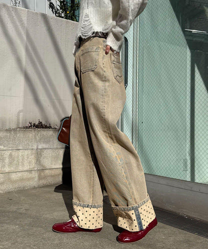 卷邊波點闊腿牛仔褲