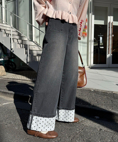 卷邊波點闊腿牛仔褲