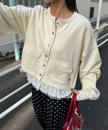 心形紐扣配色縫線 衛衣開衫