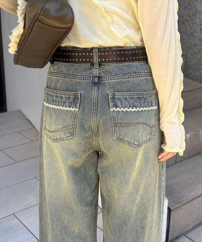 卷邊波點闊腿牛仔褲