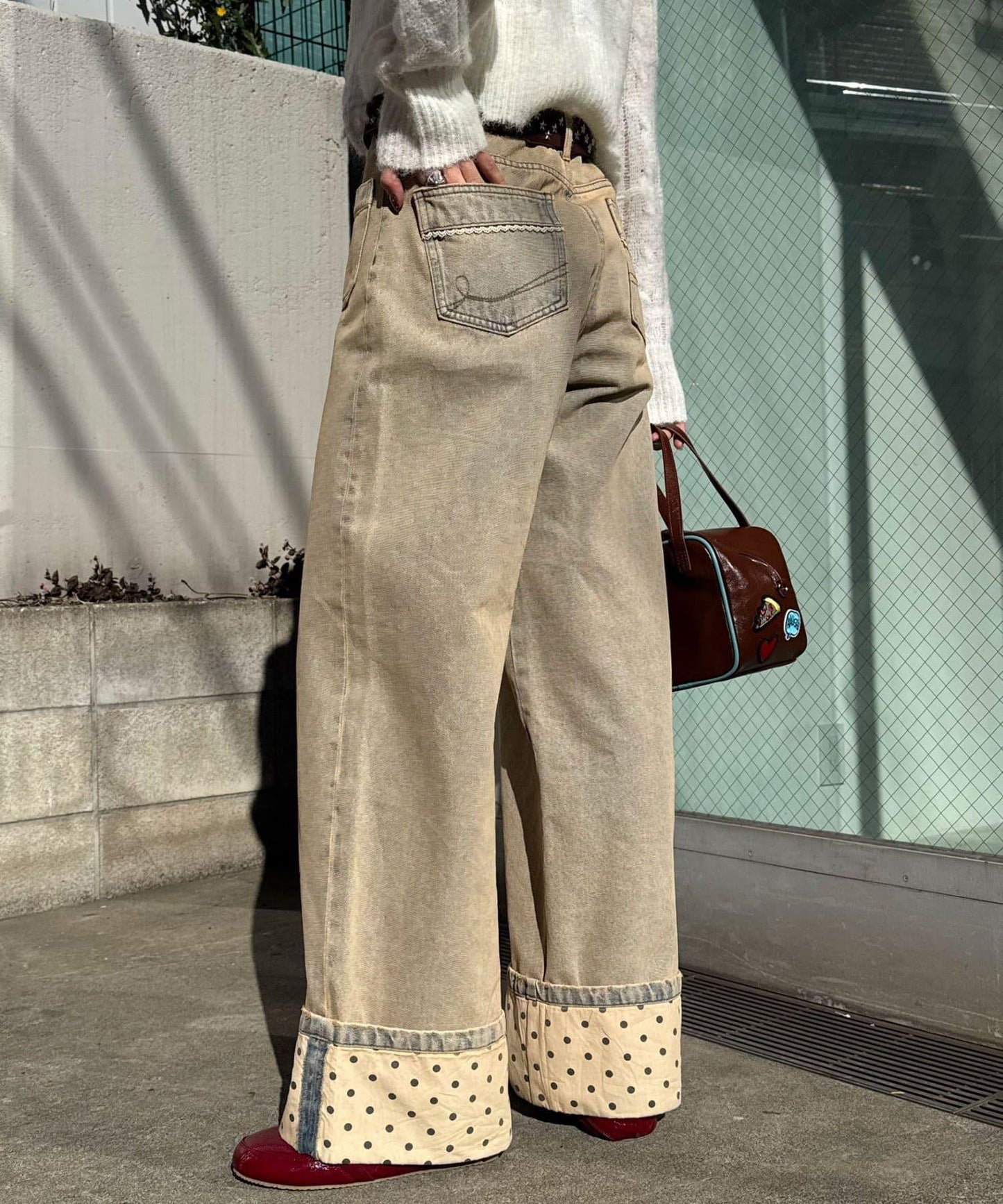 卷邊波點闊腿牛仔褲