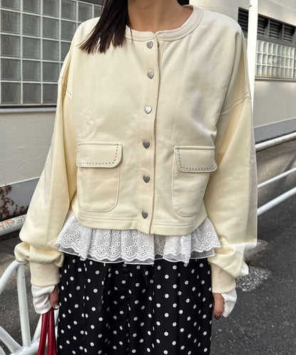 心形紐扣配色縫線 衛衣開衫