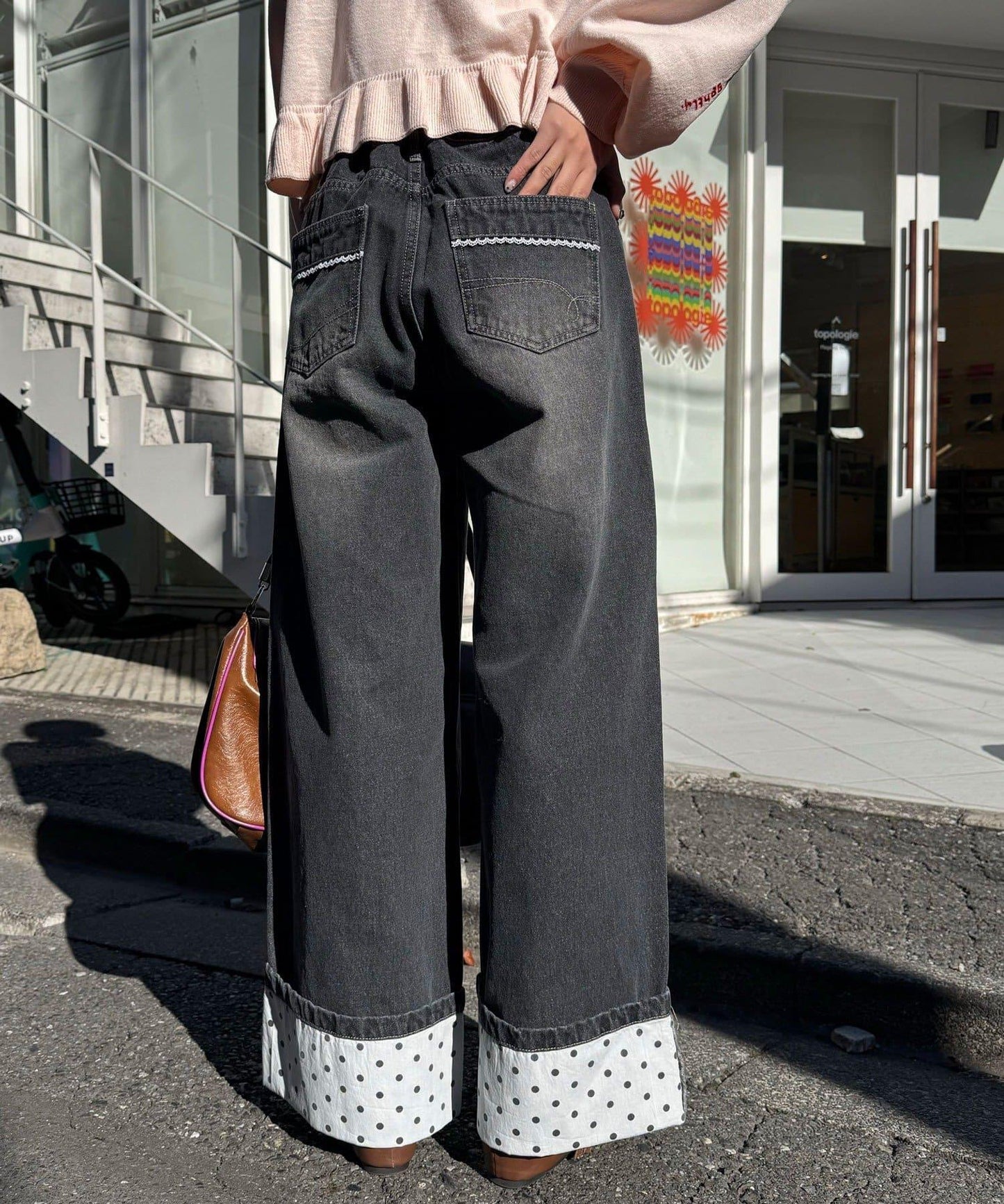 卷邊波點闊腿牛仔褲