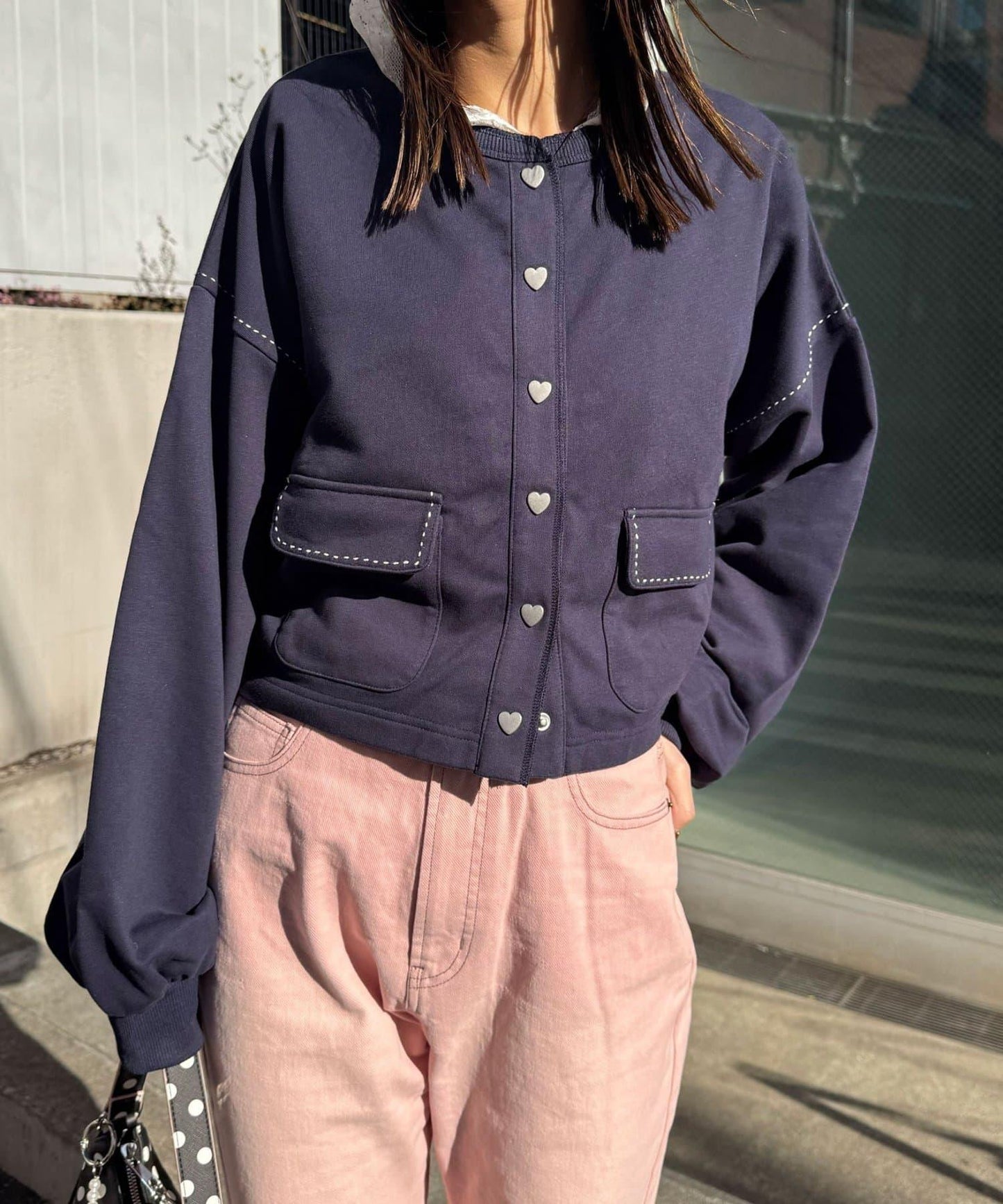 心形紐扣配色縫線 衛衣開衫