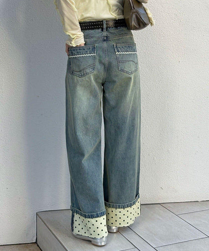 卷邊波點闊腿牛仔褲