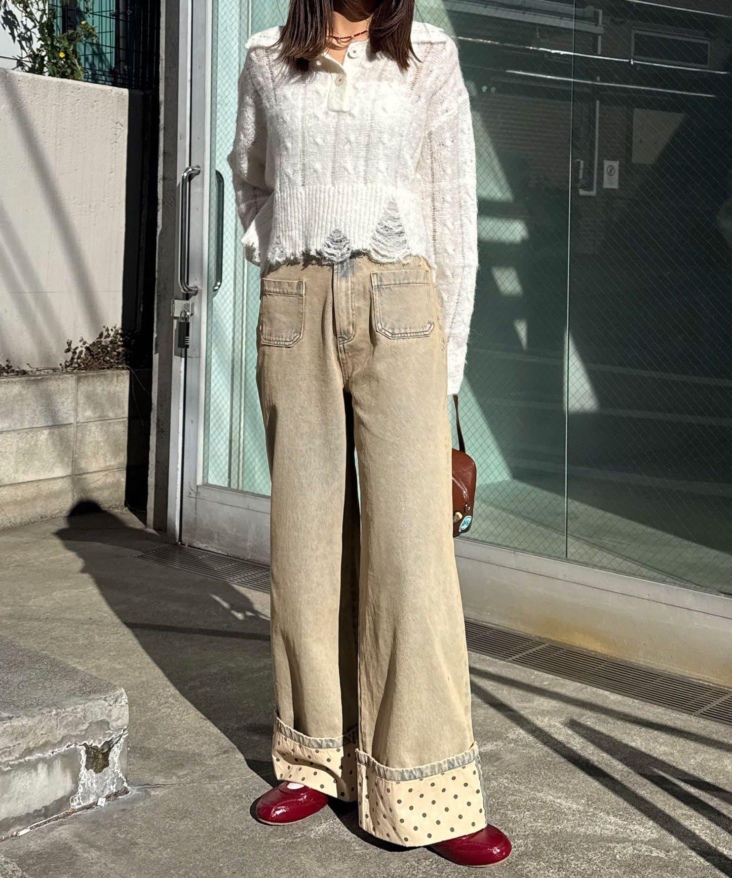 卷邊波點闊腿牛仔褲