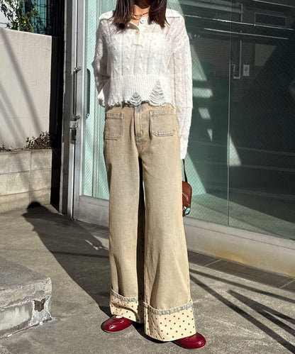 卷邊波點闊腿牛仔褲