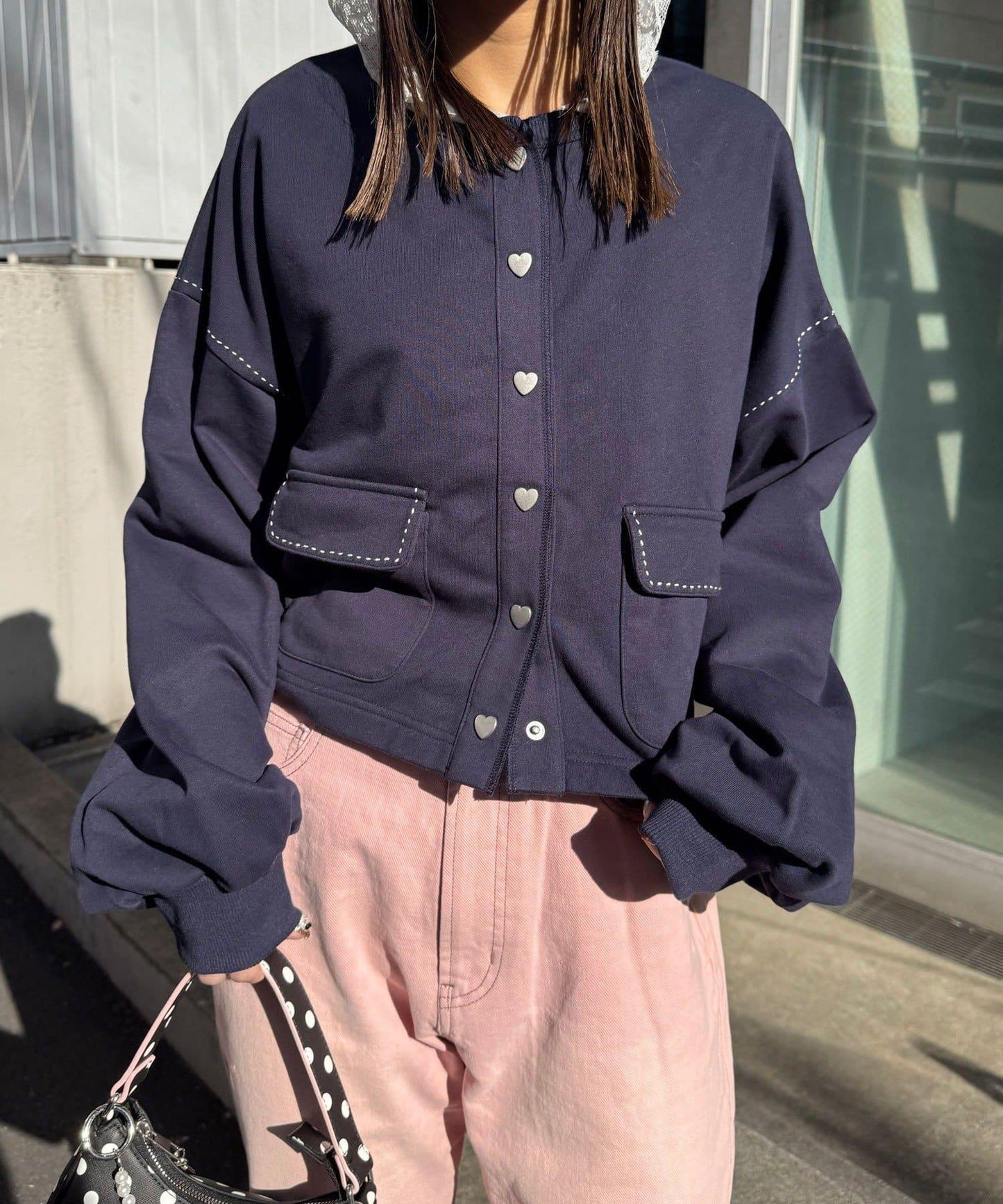 心形紐扣配色縫線 衛衣開衫