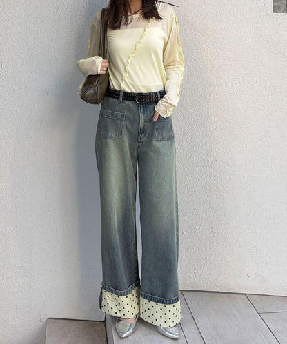 卷邊波點闊腿牛仔褲