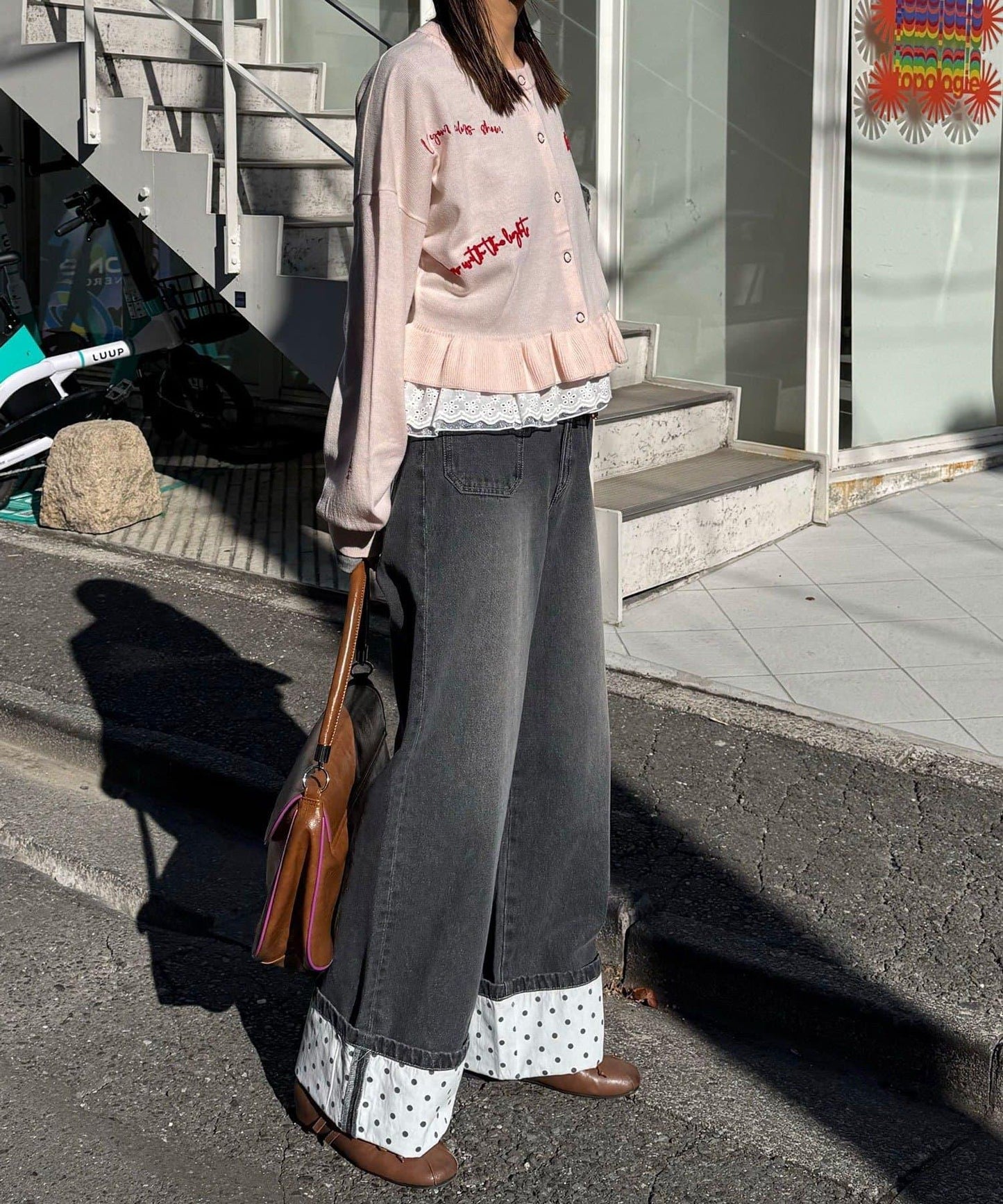 卷邊波點闊腿牛仔褲