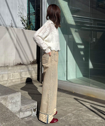 卷邊波點闊腿牛仔褲