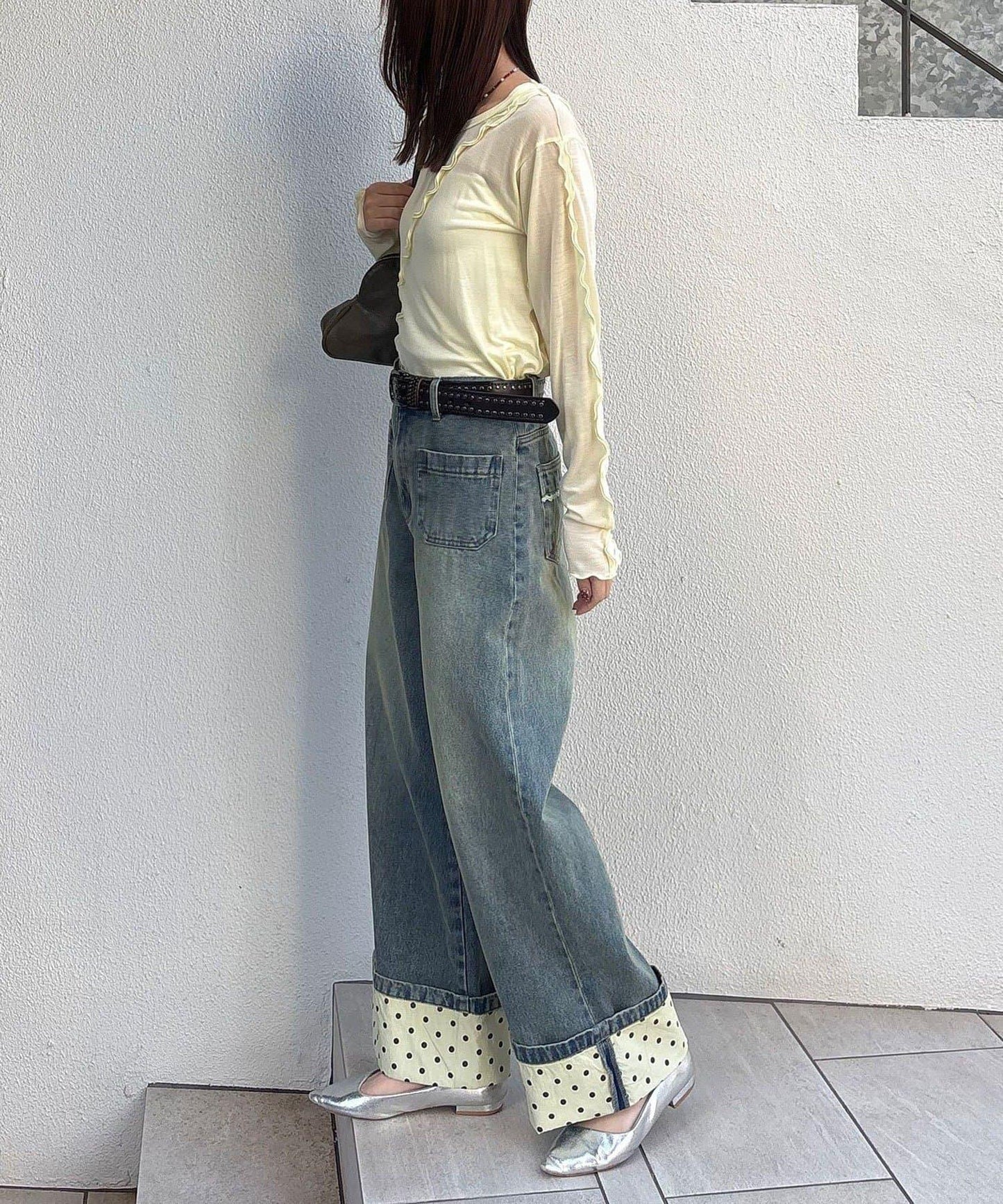 卷邊波點闊腿牛仔褲