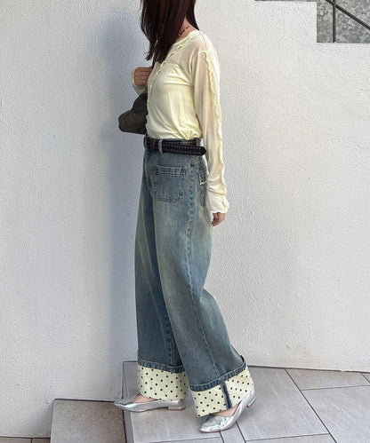 卷邊波點闊腿牛仔褲