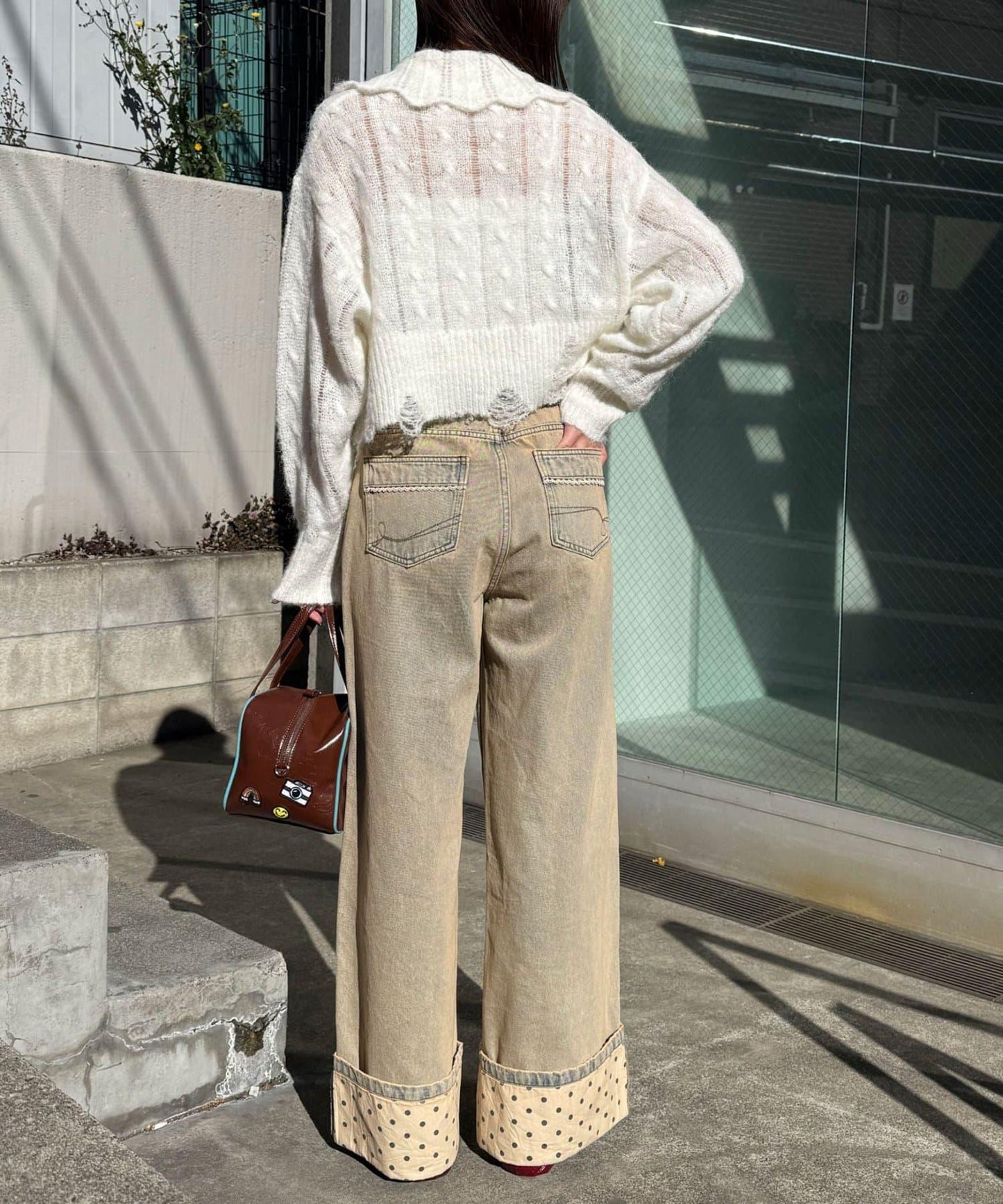 卷邊波點闊腿牛仔褲