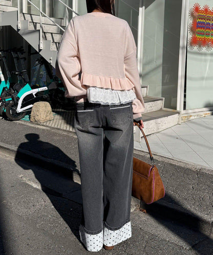 卷邊波點闊腿牛仔褲