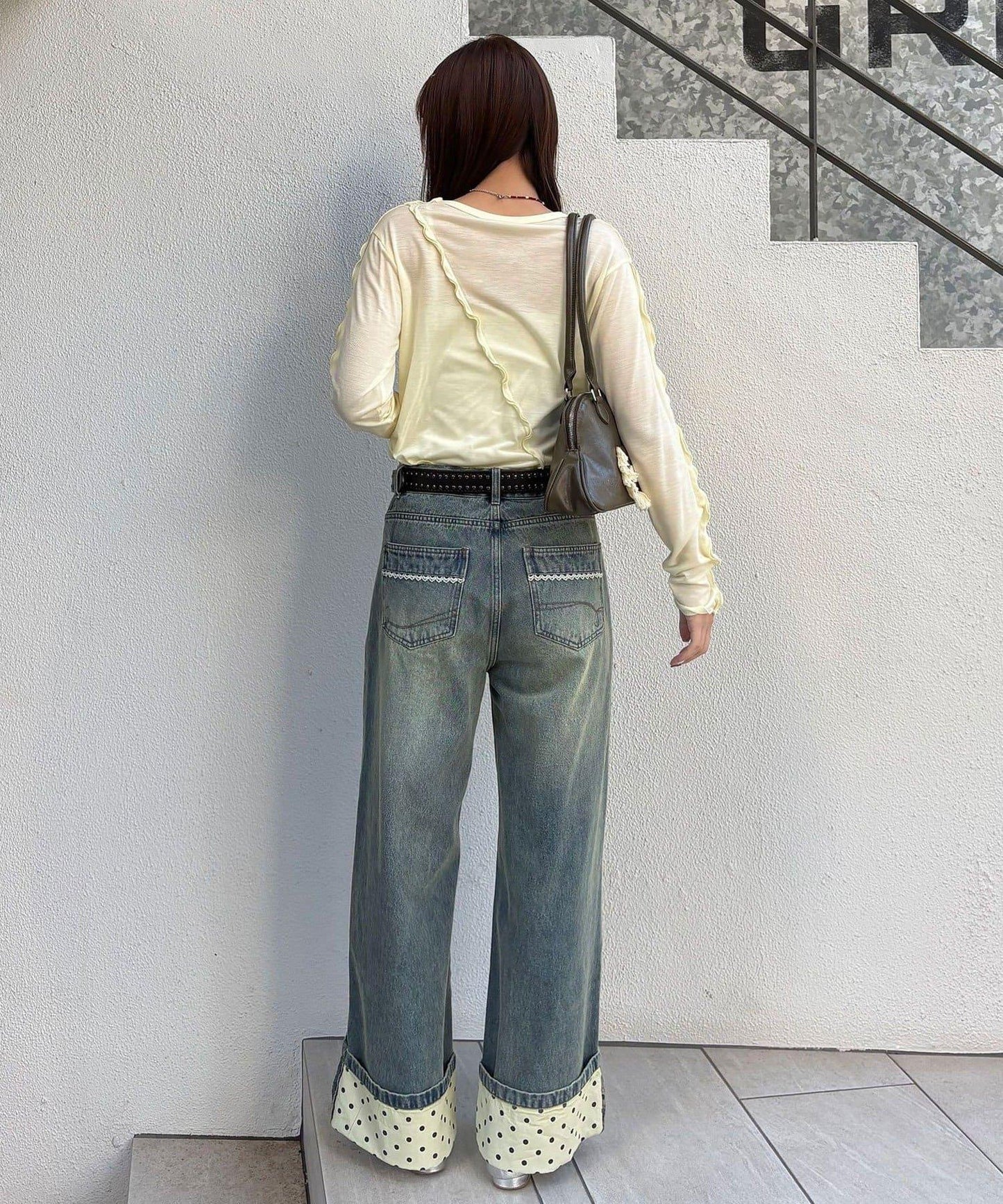 卷邊波點闊腿牛仔褲